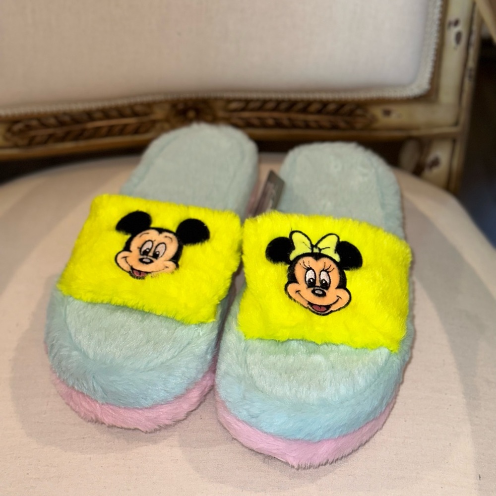 ✨NWT✨ Disney Fluffy Slippers For Adults - Mickey And Minnie Mouse Neon Plush